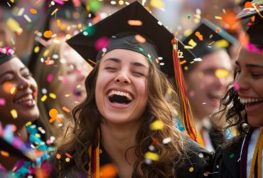 Group of graduates in caps and gowns celebrating with confetti, smiling and laughing joyfully.